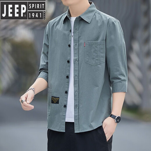 JEEP SPIRIT高档纯棉免烫夏季衬衫男士宽松版七分袖衬衣工装中袖外套休闲百搭 高质量纯棉料七分袖5008(浅蓝色) L 115斤-135斤