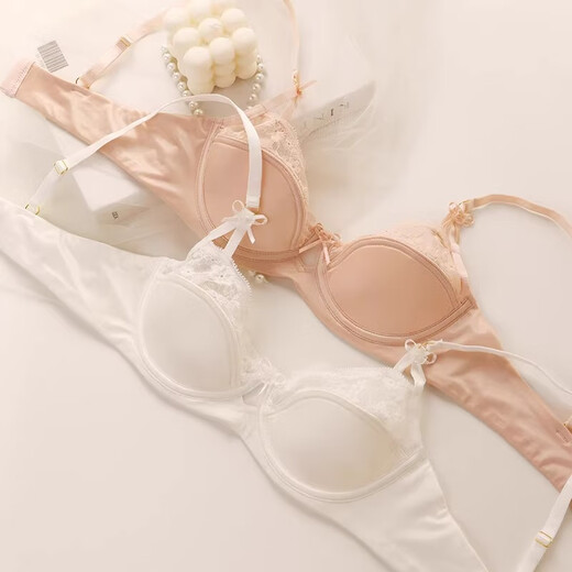Carey Kay French underwear women's thin large breasts show small breasts push-up half cup sexy French lace low-cut bra set sweet pink set (bra + panties) 36/80B