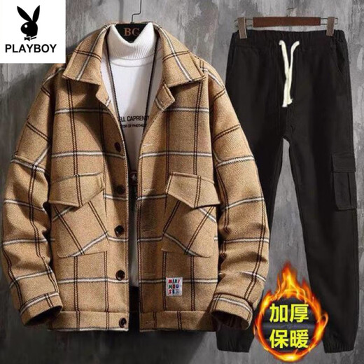 Playboy Jacket Men's Jacket Autumn and Winter Thickened Casual Suit Korean Style Men's Clothing Set with Handsome Cotton Clothes Trend Blue Jacket + Black Sweater + Pants Thickened L Recommended 100-115 Jin Jin equals 0.5 kg