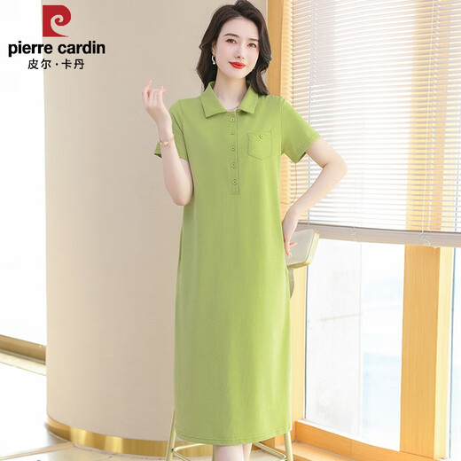皮尔卡丹（pierre cardin）2025新款Polo连衣裙纯棉女夏翻领长款过膝t恤宽松休闲运动短袖裙 绿色   9859款 L 110-120斤