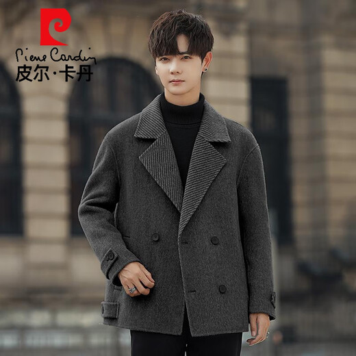 Pierre Cardin high-end double-sided woolen coat for men 2025 new winter woolen coat short double-breasted thickened woolen gray 3XL 190