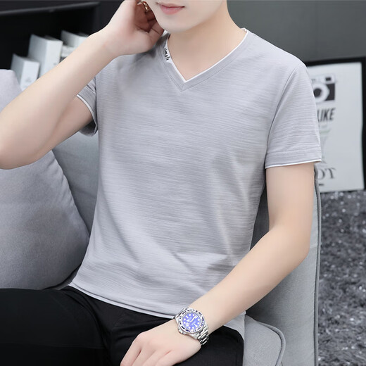 El fabricante de Vanke Eslite Batches una camiseta de manga corta de algodón puro color puro color puro de color puro para hombres con cuello en V de gran tamaño, azul y gris con cuello en V de gran tamaño, modelo 691 M. M M 90-115Jin [Jin equivale a 0.5 kg]