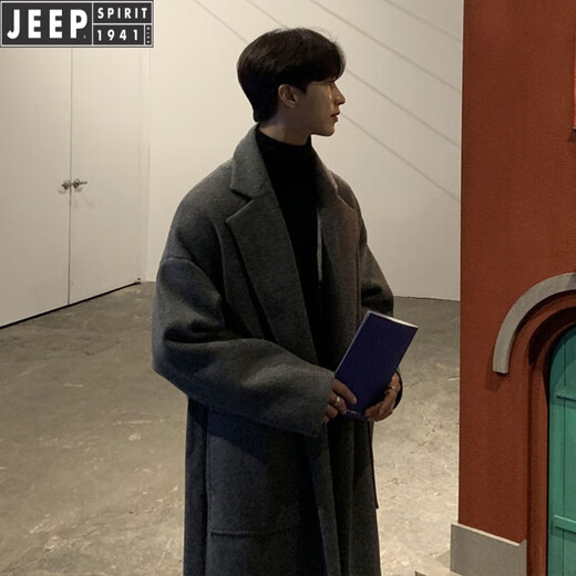 JEEP SPIRIT winter woolen coat men's thickened windbreaker mid-length knee-length Korean style double-sided cashmere woolen coat trend suit gray coat/sweater/suit pants S