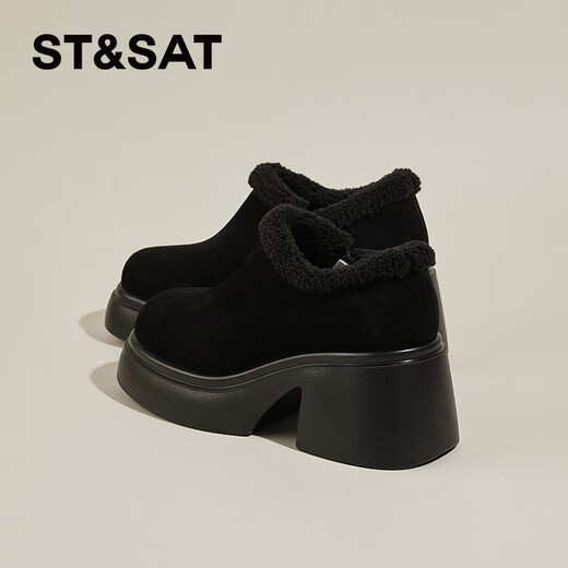 Saturday high-heeled plus velvet short boots for women, fashionable retro ankle boots, versatile thick heel, increased height, warm cotton shoes, black 37