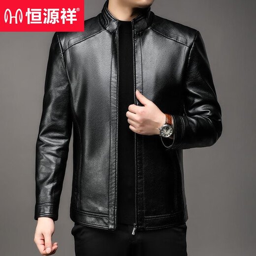 恒源祥高端男装春秋软皮皮衣中年男士商务休闲翻领夹克外套爸爸装上衣 黑 1755 春秋款 翻领  常规 M 170 100-120斤