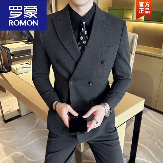 ROMON double-breasted gun lapel suit men's suit slim casual business formal groom wedding dress three-piece suit black double-breasted suit + trousers XL 125-140Jin Jin equals 0.5 kg