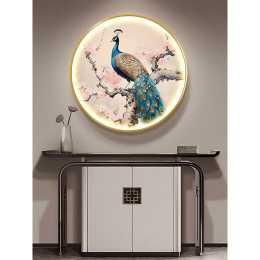 孔雀新中式发光玄关装饰画轻奢圆形入户led灯光画走廊过道壁挂画 吉祥孔雀1449 轻奢金(铝合金拉丝框)+直径50CM+遥控控制(接