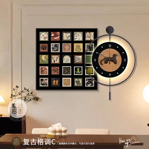 JPHZNB medieval style Bailian restaurant decoration painting LED lights with clock sense mural retro dining table background wall hanging painting K12806+PB57 b70*70cm painting + 60*60cm wall clock with clock pendulum