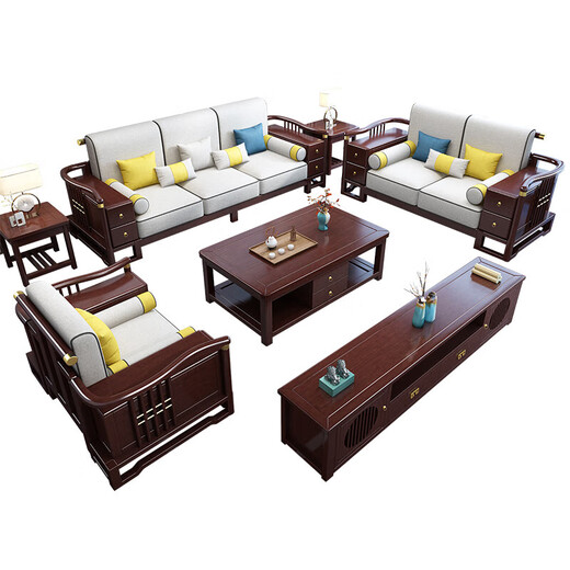 Nr. 1 Haoting Massives Holzsofa Wohnzimmer Neue chinesische Möbel Kleine Einzel- und Doppel-Dreifach-Sofa 2025 Neues Modell 9906# SaTenstoff vier Personen + Imperial Couch [Rahmen] Baumwolle und Linienstoff