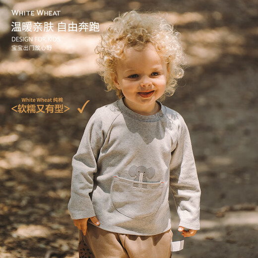 White wheat children's 2024 autumn new long-sleeved boy pure cotton pocket t-shirt baby girl bottoming top gray 100