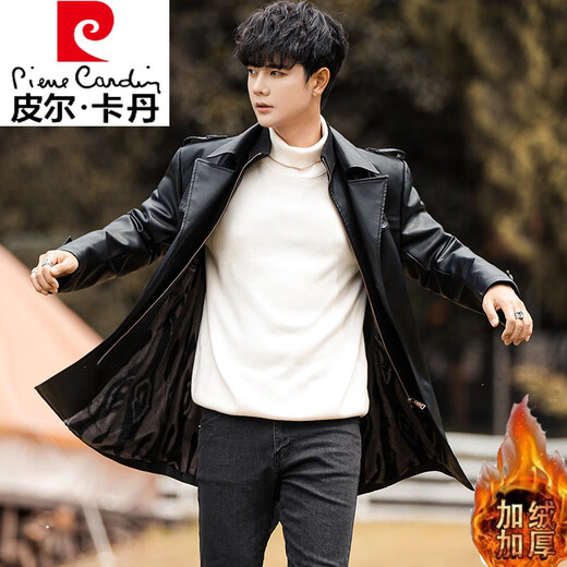 
Pier Cardin autumn and winter men's fashion handsome mid-length PU warm jacket for youth trendy urban simple plush thickened leather jacket black-16867-medium-length M