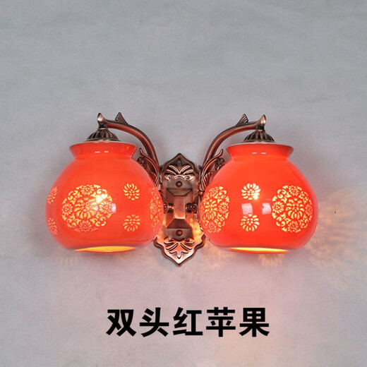 Yaotian New Chinese Style Red Festive Ceramic Wall Lamp Bedroom Bedside Lamp Foyer Entrance Aisle Balcony Fu Character Lantern Wall Lamp Single Head Long Red Lantern Free LED Red Light