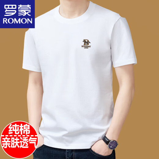 罗蒙（ROMON）纯棉短袖t恤男士圆领夏季2025新款体恤宽松上衣半袖男装潮T 白色9929款 3XL 185建议175斤-190斤