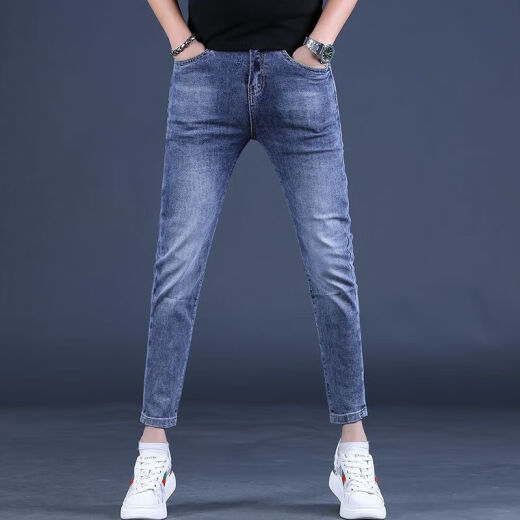 Kurentou Spring y verano Blue Jeans crujientes Pies delgados para hombres Small Foot 2025 New Stretch Men's Pants 9 Crispy Pants Men Q1048 Negro Crispy 30 2ft3