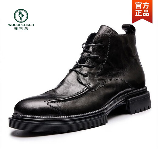 Woodpecker men's leather boots 2024 spring and autumn genuine leather high-top zippered Martin boots thick sole round toe business work boots men's boots black 41