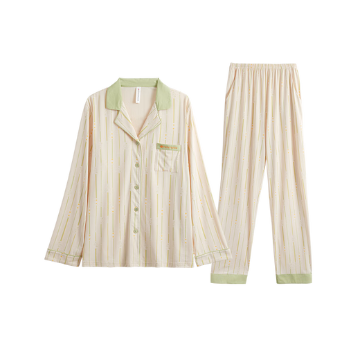 Fenton Couple Pajamas Fan Chengcheng's Same Style Star's Same Style Spring 5A Antibacterial Lapel Comfortable Style Homewear Cover Bean Green - Men's L