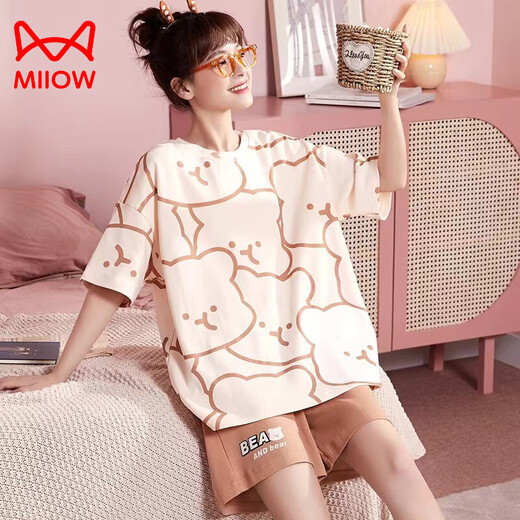 Catman (MiiOW) 6XL Extra Large Pure Cotton Shorts Shorts Pajamas Female Summer Fat Sister Plus Fat Plus Large Size 200 Jin [Jin equals 0.5 kg] Integrated with Chest Pad 3519 Short Sleeve Shorts - Chestless Pad M [80-100 Jin [Jin equals 0.5 kg]]
