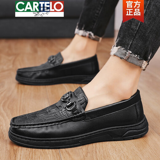 卡帝乐鳄鱼（CARTELO）皮鞋男士鳄鱼纹豆豆鞋真皮透气软皮软底一脚蹬中年休闲男鞋 2629 黑色正码 39