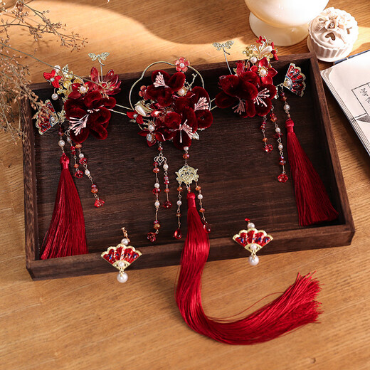 Wanbaozi Bridal Jewelry Chinese Xiuhe Clothing Headwear Ancient Style Red Velvet Flower Tassel Wedding Jewelry Toast Clothing Accessories Red Five-piece Set Headwear + Ear Clips
