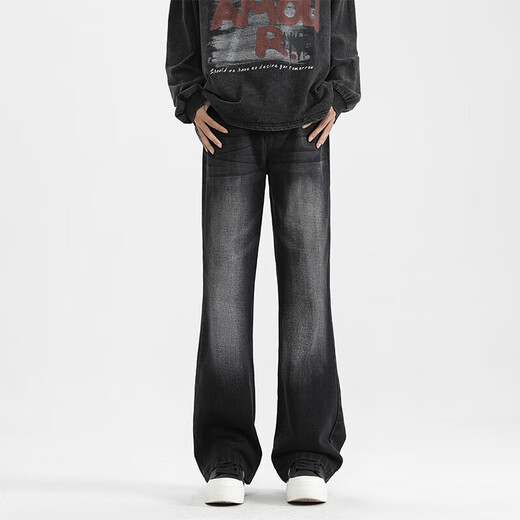 Pull-back jeans for men with slightly flared spring and autumn style scimitar casual pants for men, stretch slim fit trendy fashionable trousers, black gray XL (recommended weight 120-140Jin Jin is equal to 0.5 kg)