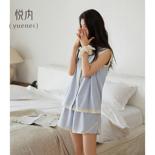 悦内带胸垫睡衣女士夏季夏天无袖背心短裤舒适纯棉家居服休闲条纹薄款 B23522泡泡蓝【带胸垫】 2XL (175) 【体重140-160斤】