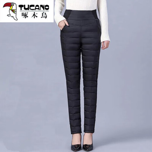 Woodpecker (TUCANO) Down Cotton Pants Women's Outer Wear High Waist New Women's Elastic Slim Korean Style Thickened Cold-Resistant Winter Warm Cotton Pants Women Black XL Recommended 115-125 Jin Jin equals 0.5 kg