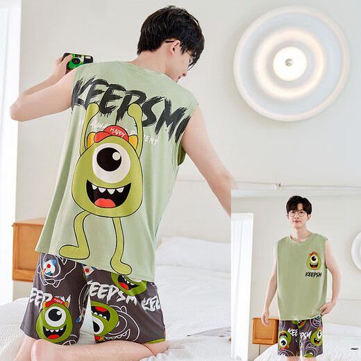 Junjun Suidi Mei Pijamas para hombres Chaleco de verano modal Seda de hielo Conjunto de ropa para el hogar de dibujos animados para hombres adolescentes y estudiantes Modal-Z838 Wukong XL (Altura 170-175 125-145 Jin Jin equivale a 0,5 kg)