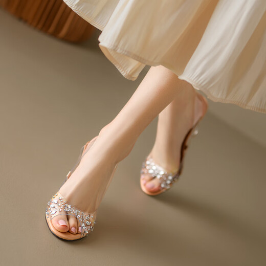 
Asacho transparent crystal heel sandals for women in summer new style fish mouth heel small sequin PVC high heels women transparent rhinestone 38