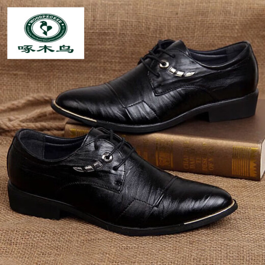 Woodpecker men's leather shoes 36 youth business formal wear Korean style shoes 37 small size 2024 spring suit versatile wedding men's shoes black 6210 40 size small