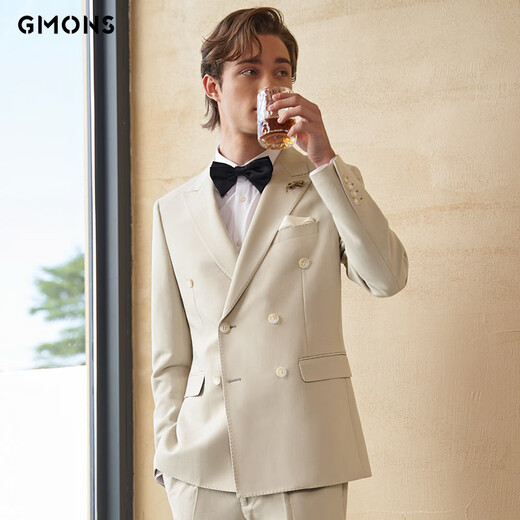 Guillomont wedding gift box suit suit for men double-breasted apricot color groom wedding suit wedding high-end suit 0618 double-breasted apricot color top + pants + vest 46