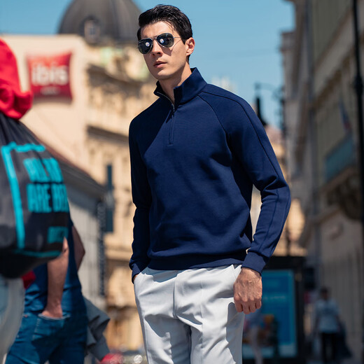 Mr. Bu Zipper Half-high Neck Windproof Sweater Spring and Autumn Simple Print Thickened Long Sleeve T-Shirt BT12163 Deep Sea Blue M (170)