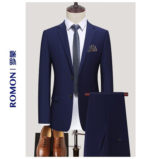 ROMON suit suit for men, three-piece suit, men's suit jacket, formal work wear, professional wear, wedding groom, best man's small dress, sapphire blue double button suit + trousers XL