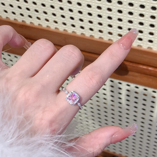 Hua Youxin Persimmon s925 silver ring female pink diamond small sugar cube ring female niche design high-end plain ring ring open index finger ring pink diamond small sugar cube ring