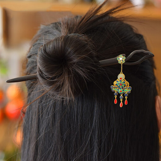 Kamalun (KAMALUN) Flowery Brocade Hairpin for Women Ancient Style Black Sandalwood Hotan Jade Hairpin Palace Style Hairpin Tassel Step Light Luxurious Headwear Flowery Brocade Hairpin