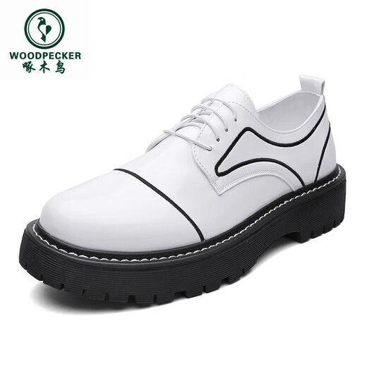 
Woodpecker 2025 British style round head thick sole black leather shoes for men Korean style hairstylist formal business glossy men's shoes new style black and green 15276 41