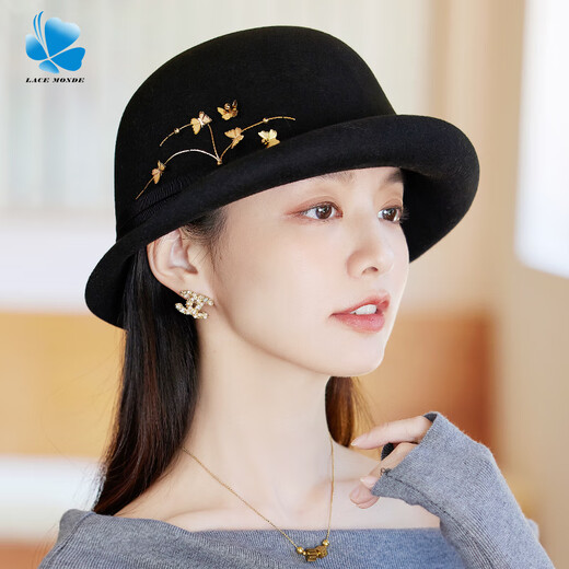 Lan Shimeng wearing top hat 2024 new butterfly embellished wool curled basin hat for women in autumn and winter, warm and fashionable, small fisherman hat with face, deep burgundy, one size fits all for adults (hidden adjustment 56-57.5cm)