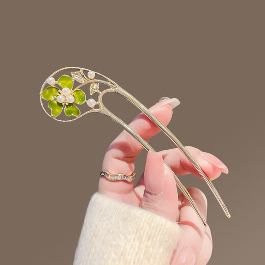 Qianla simple small fresh flower hairpin for women spring and summer new style hairpin double-insert hairpin U-shaped hairpin niche headwear green flower-U-shaped hairpin
