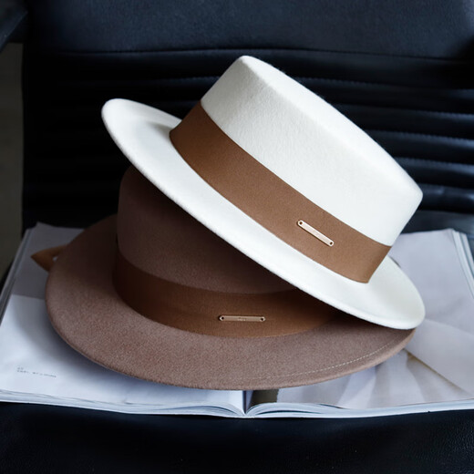 Tochino autumn and winter fashion new woolen hat for women white French large head felt hat high-end elegant flat hat camel coffee belt regular size M (55-57.5CM)