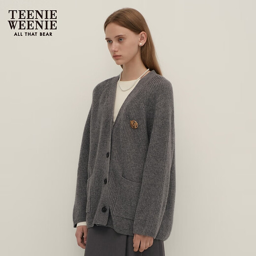 Teenie Weenie Australian wool + yak cashmere blend bear winter clothing relaxed and fashionable knitted cardigan for women dark gray M (165)