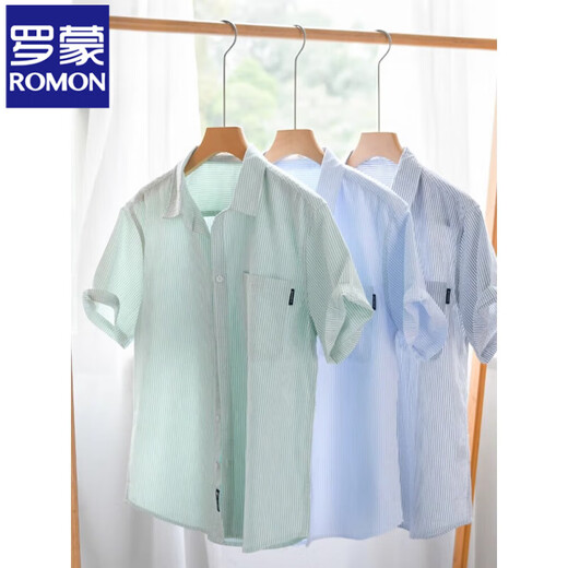 ROMON men's pure cotton short-sleeved shirt Japanese casual summer thin new striped shirt trendy splicing top 9740 light blue M