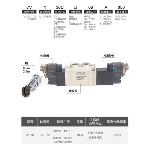 山头林村亚德客气动电磁阀7V 110 120 130C-06气缸换向控制气阀 7V12006B0 7V110J06050(C220V)