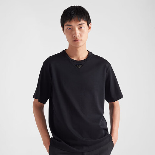 PRADA/Prada Gift Men's Loose Fit Rib Knit Cotton T-Shirt Short Sleeve Black XL