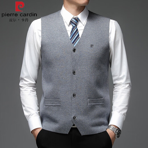 Pierre cardin high-end brand wool men's vest 2025 winter thin vest wool vest sweater knitted cardigan V-neck Navy blue 6518 L 175