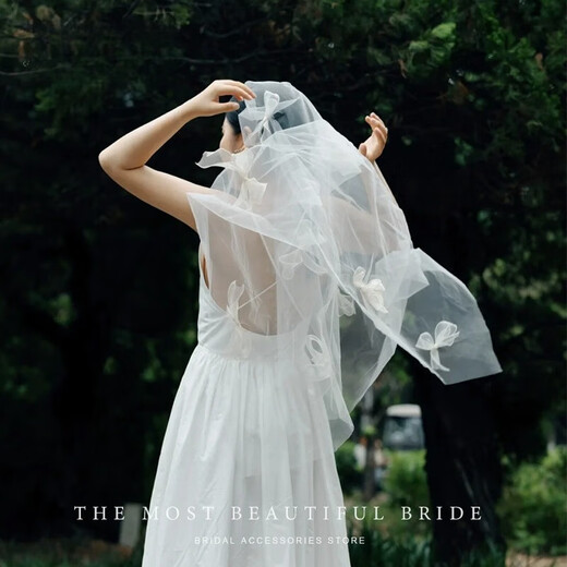 
Zi Jiafu French bow personality veil bride wedding headdress new style atmosphere proposal marriage certificate photo headdress shell beige bow veil - about 1.2 meters 100cm-135cm