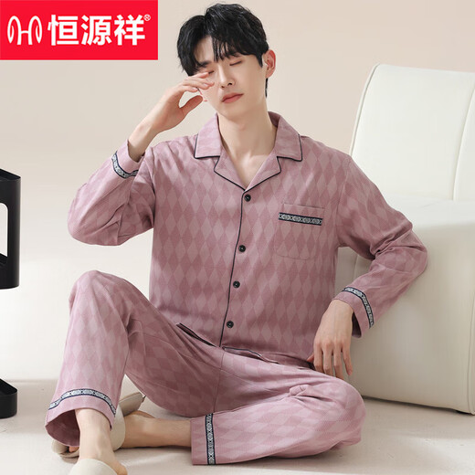 
Hengyuanxiang pajamas men's spring and autumn long-sleeved cotton large-size casual plaid autumn and winter thin style for men's home clothes OMM-12003 L