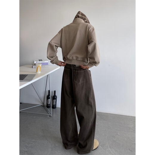 
Shelley Jones American retro brown jeans men's spring and autumn trendy brand old loose straight floor wide-leg casual trousers brown 2XL [recommended 140-160Jin [Jin equals 0.5 kg]]