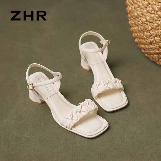 ZHR粗跟凉鞋女夏季优雅法式方头女鞋百搭一字带鞋子女 Y756 米色 37 