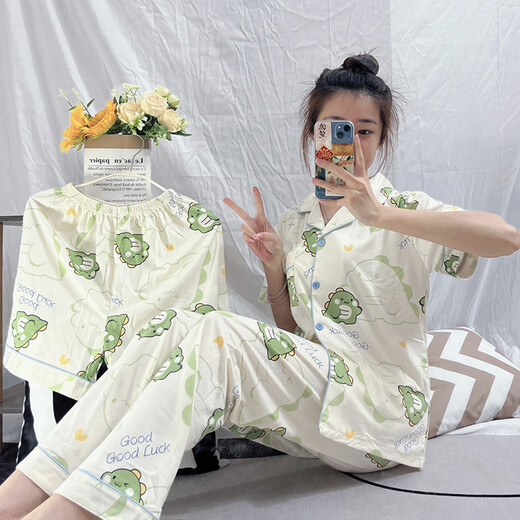 Langsha Estilo de plantación de hierba de niñas Popular, nuevo verano, cómodo, pijama de seda de leche, de seda, ropa doméstica de tres piezas WZL-1473# L Recomendado 100-120Jin [Jin iguala 0.5 kg]