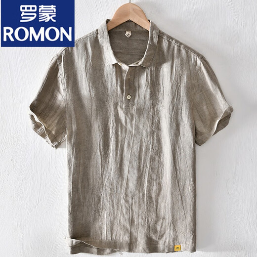 罗蒙（ROMON）中国风亚麻翻领短袖t恤男有带领麻布男装棉麻料T宽松翻领上衣服 msp-795灰色 L