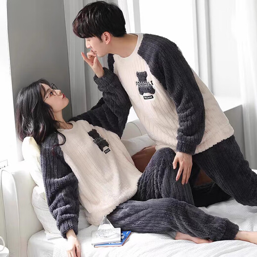 Modal coral velvet couple pajamas winter plus velvet thickening new cartoon men and women can wear home clothes suit L3221 love pullover velvet M female + male L